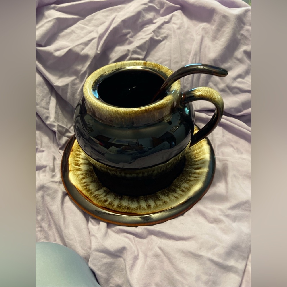 Ceramic Brown and Black Soup Mug with Matching Saucer